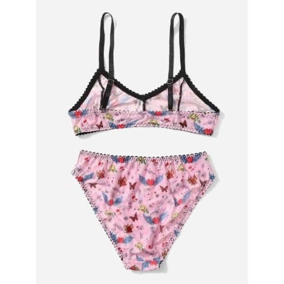 Size 8 Medium Pink Butterfly, Heart & Wings Graphic Bow Lingerie Set - Picture 2 of 5